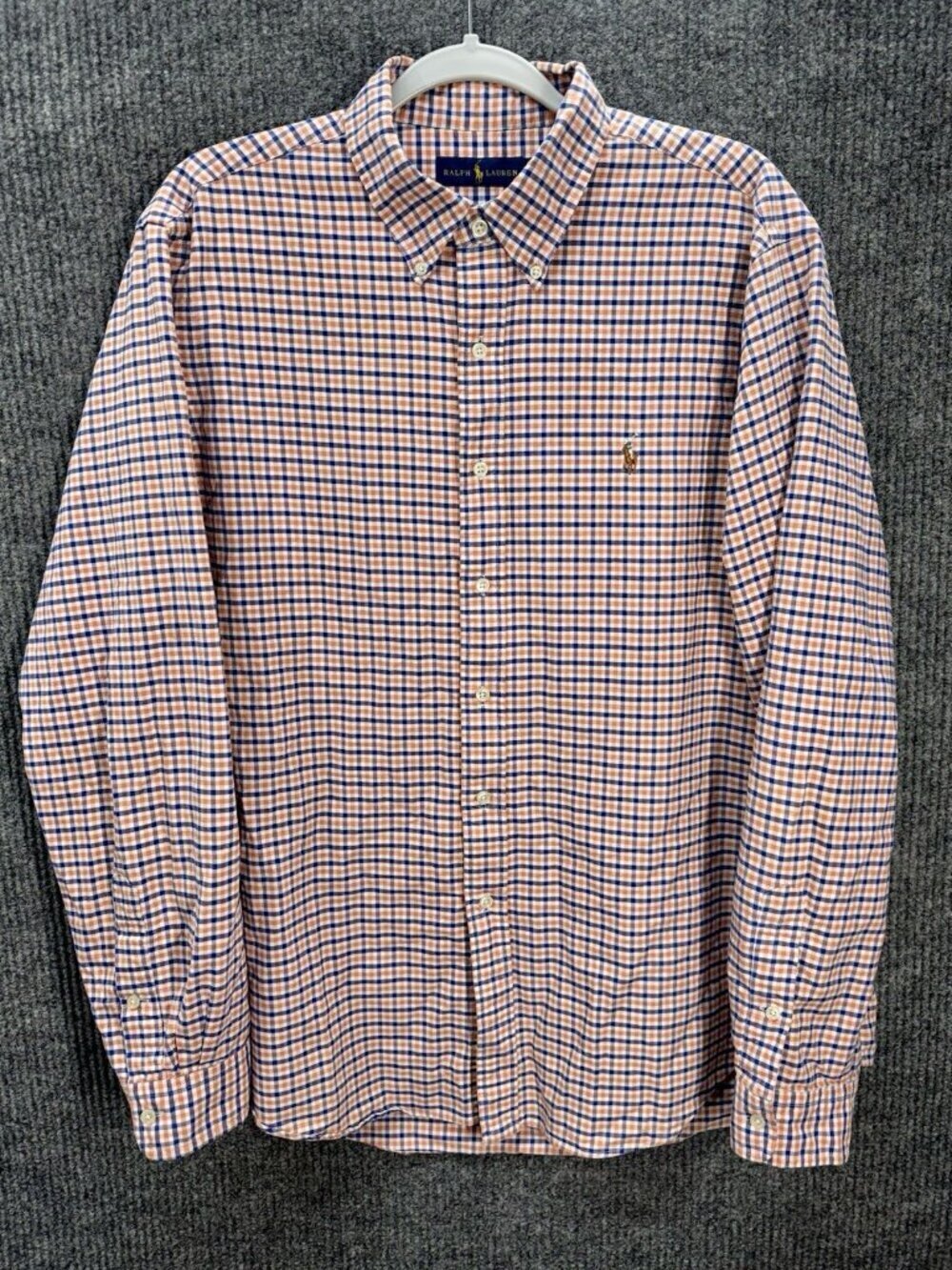 Ralph Lauren Button Shirt Mens XL Orange Blue Plaid Flesh Pony Logo Long Sleeve